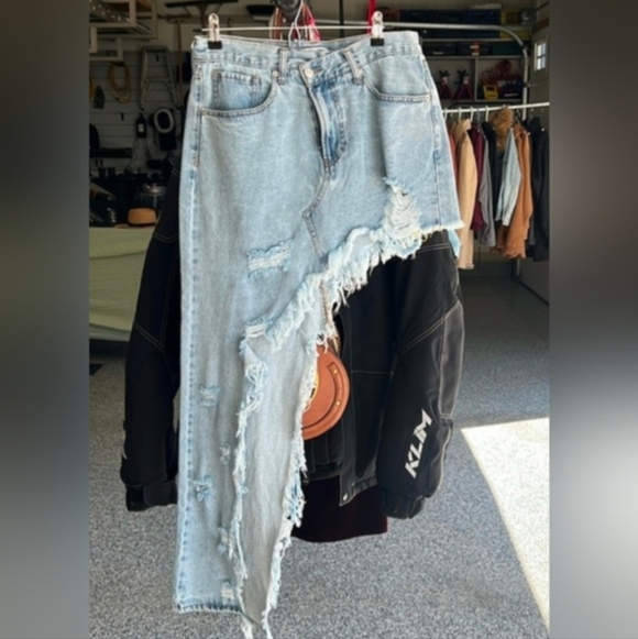 Fashion Nova Light Blue Denim Distressed Maxi Skirt - Picture 4 of 9